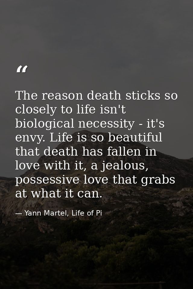 The reason death sticks so closely to life isn't biological necessity - it's envy. Life is so beautiful that death has f — Yann Martel, Life of Pi