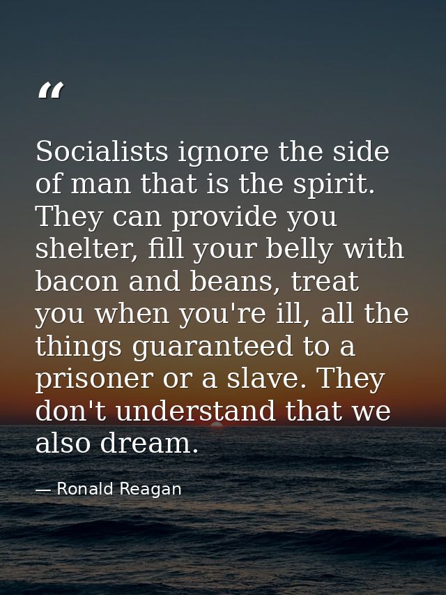 Socialists ignore the side of man that is the spirit. They can provide you shelter, fill your belly with bacon and beans — Ronald Reagan