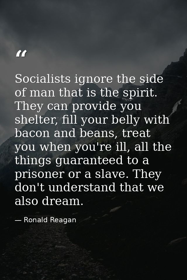 Socialists ignore the side of man that is the spirit. They can provide you shelter, fill your belly with bacon and beans — Ronald Reagan