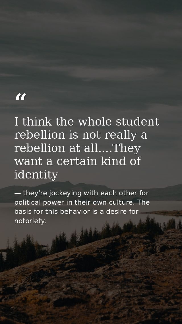 I think the whole student rebellion is not really a rebellion at all....They want a certain kind of identity — they're jockeying with each other for political power in their own culture. The basis for this behavior is a desire for notoriety.