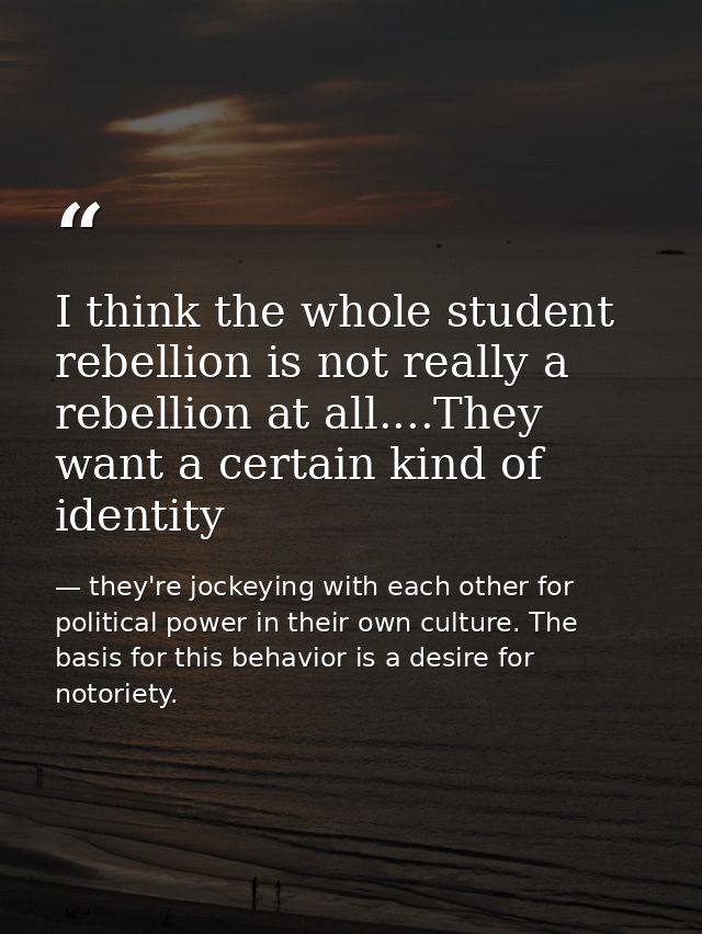 I think the whole student rebellion is not really a rebellion at all....They want a certain kind of identity — they're jockeying with each other for political power in their own culture. The basis for this behavior is a desire for notoriety.