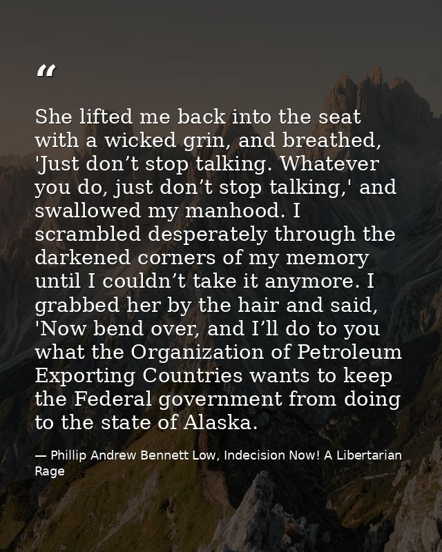 She lifted me back into the seat with a wicked grin, and breathed, 'Just don’t stop talking. Whatever you do, just don’t — Phillip Andrew Bennett Low, Indecision Now! A Libertarian Rage