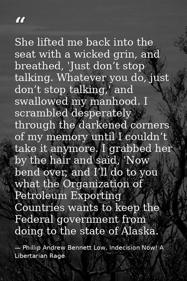 She lifted me back into the seat with a wicked grin, and breathed, 'Just don’t stop talking. Whatever you do, just don’t — Phillip Andrew Bennett Low, Indecision Now! A Libertarian Rage