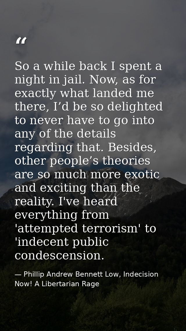 So a while back I spent a night in jail. Now, as for exactly what landed me there, I’d be so delighted to never have to  — Phillip Andrew Bennett Low, Indecision Now! A Libertarian Rage