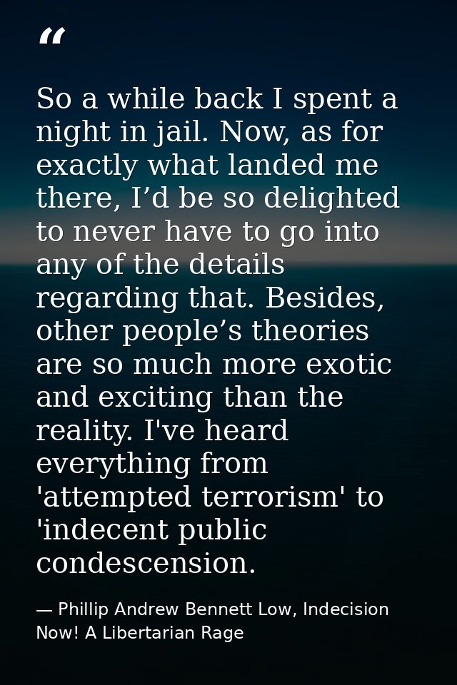 So a while back I spent a night in jail. Now, as for exactly what landed me there, I’d be so delighted to never have to  — Phillip Andrew Bennett Low, Indecision Now! A Libertarian Rage