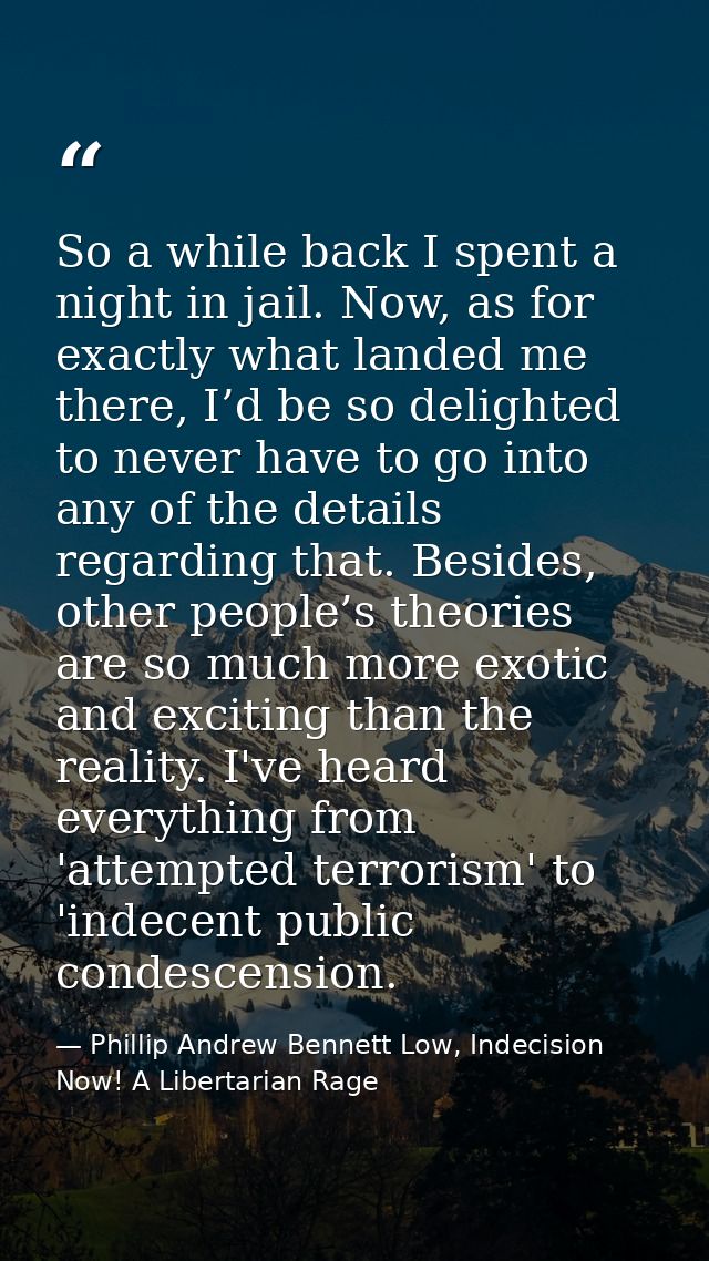 So a while back I spent a night in jail. Now, as for exactly what landed me there, I’d be so delighted to never have to  — Phillip Andrew Bennett Low, Indecision Now! A Libertarian Rage