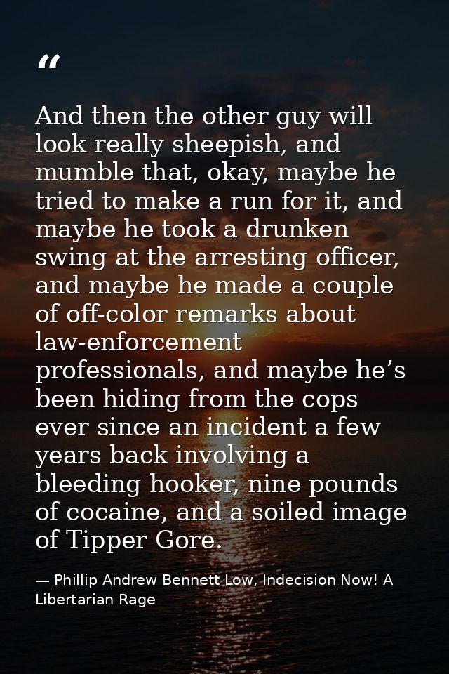 And then the other guy will look really sheepish, and mumble that, okay, maybe he tried to make a run for it, and maybe  — Phillip Andrew Bennett Low, Indecision Now! A Libertarian Rage