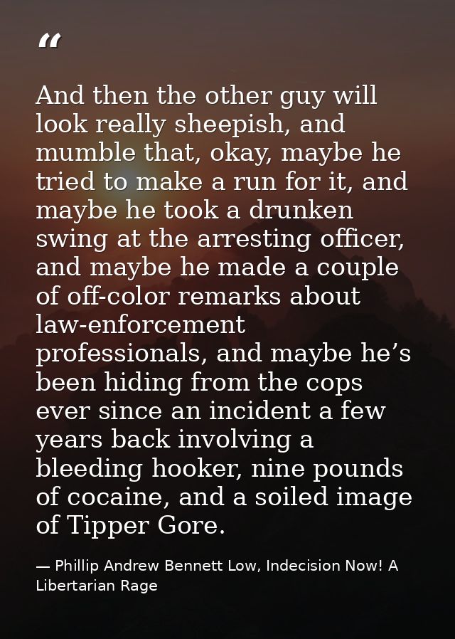 And then the other guy will look really sheepish, and mumble that, okay, maybe he tried to make a run for it, and maybe  — Phillip Andrew Bennett Low, Indecision Now! A Libertarian Rage