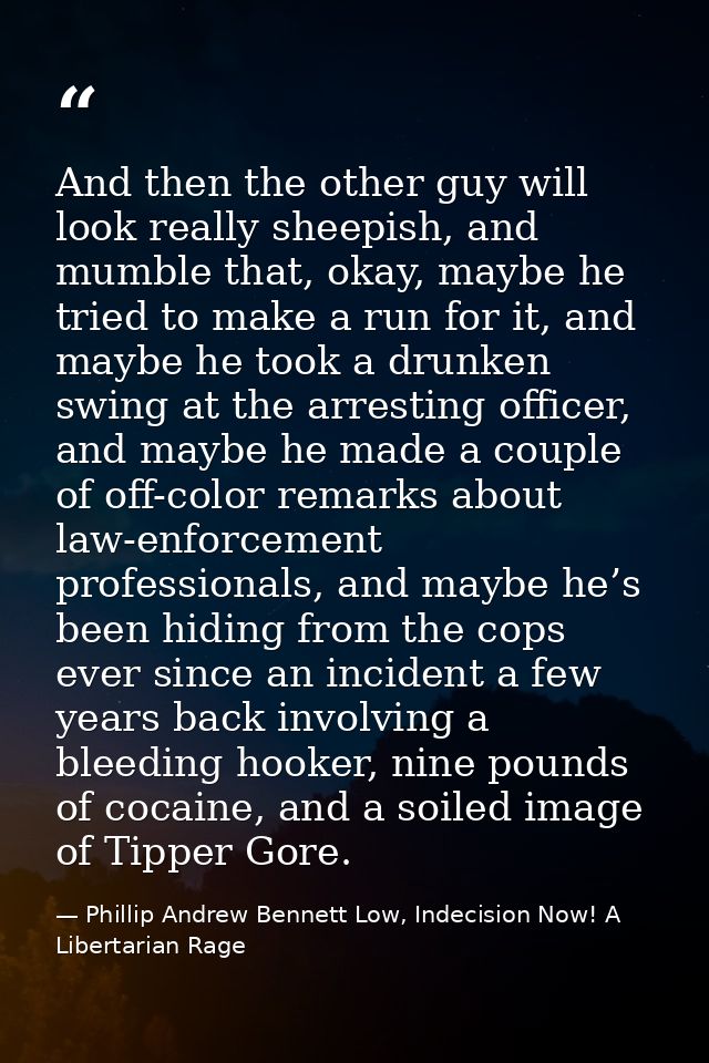 And then the other guy will look really sheepish, and mumble that, okay, maybe he tried to make a run for it, and maybe  — Phillip Andrew Bennett Low, Indecision Now! A Libertarian Rage