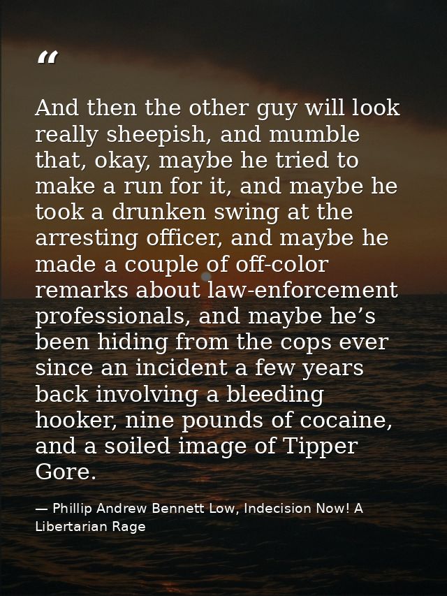 And then the other guy will look really sheepish, and mumble that, okay, maybe he tried to make a run for it, and maybe  — Phillip Andrew Bennett Low, Indecision Now! A Libertarian Rage