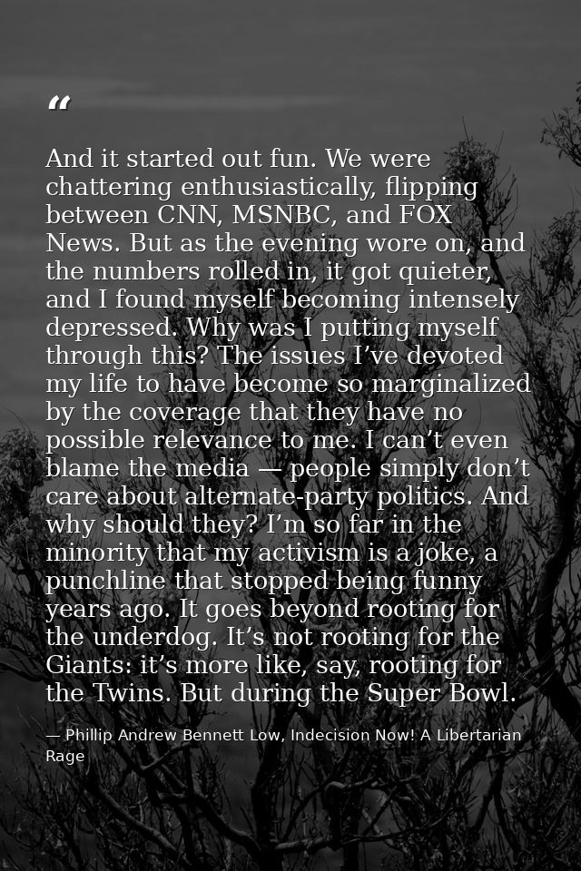 And it started out fun. We were chattering enthusiastically, flipping between CNN, MSNBC, and FOX News. But as the eveni — Phillip Andrew Bennett Low, Indecision Now! A Libertarian Rage