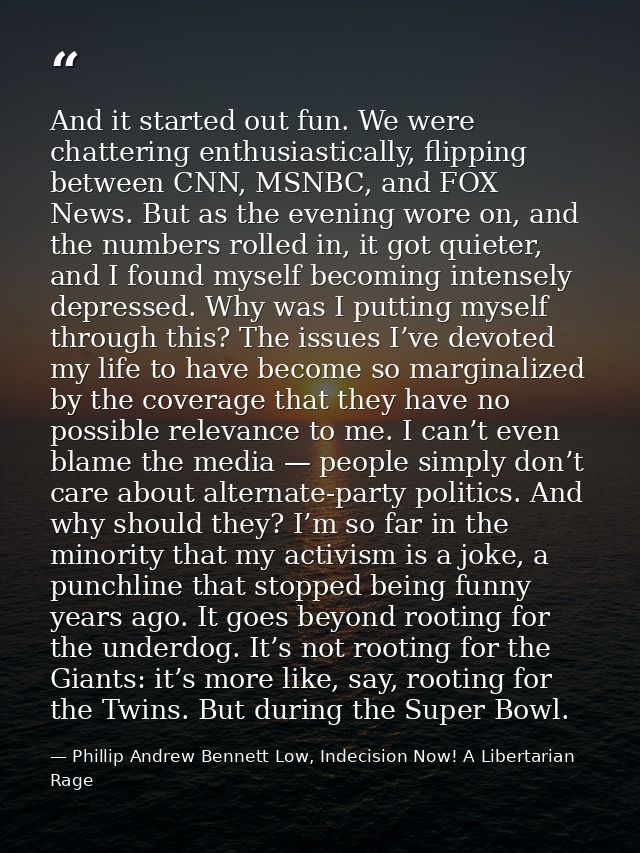 And it started out fun. We were chattering enthusiastically, flipping between CNN, MSNBC, and FOX News. But as the eveni — Phillip Andrew Bennett Low, Indecision Now! A Libertarian Rage