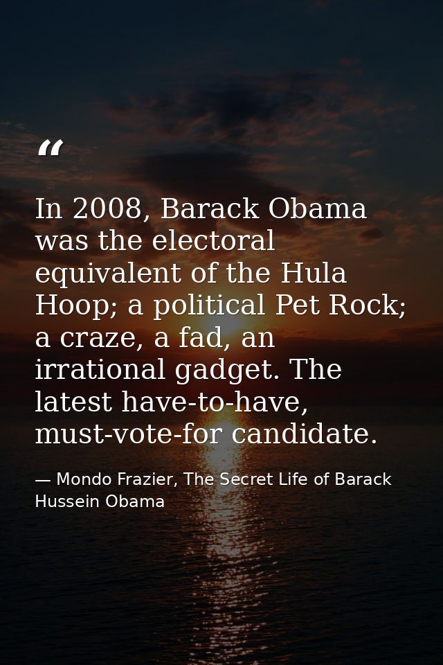 In 2008, Barack Obama was the electoral equivalent of the Hula Hoop; a political Pet Rock; a craze, a fad, an irrational — Mondo Frazier, The Secret Life of Barack Hussein Obama
