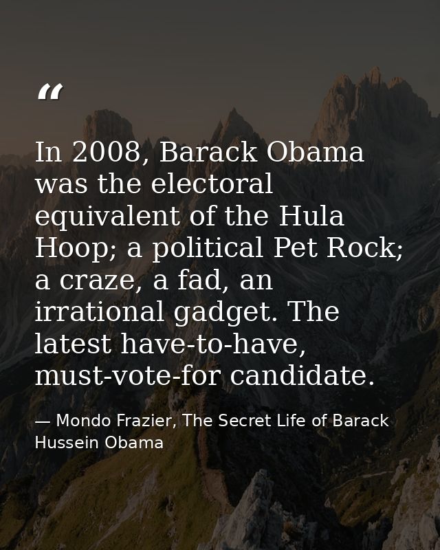 In 2008, Barack Obama was the electoral equivalent of the Hula Hoop; a political Pet Rock; a craze, a fad, an irrational — Mondo Frazier, The Secret Life of Barack Hussein Obama