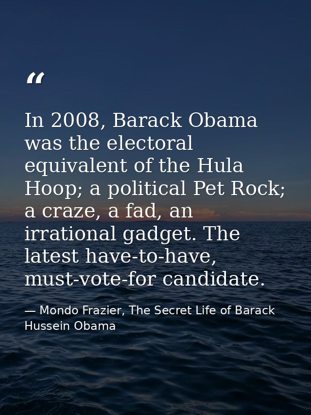 In 2008, Barack Obama was the electoral equivalent of the Hula Hoop; a political Pet Rock; a craze, a fad, an irrational — Mondo Frazier, The Secret Life of Barack Hussein Obama