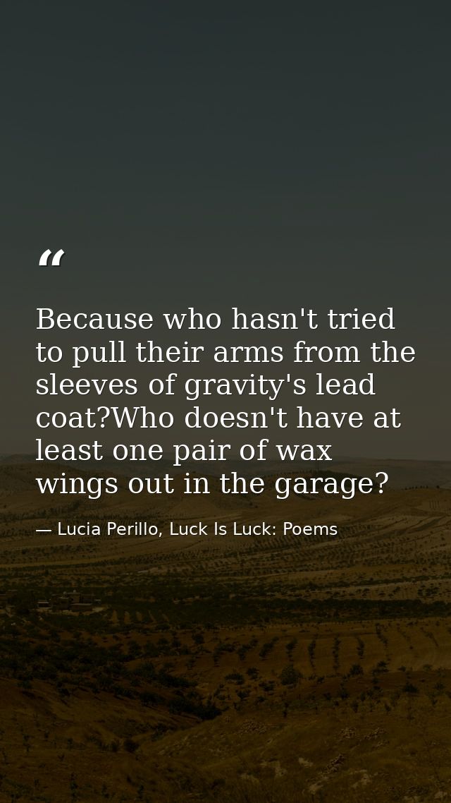 Because who hasn't tried to pull their arms from the sleeves of gravity's lead coat?Who doesn't have at least one pair o — Lucia Perillo, Luck Is Luck: Poems