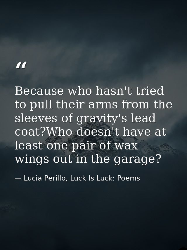 Because who hasn't tried to pull their arms from the sleeves of gravity's lead coat?Who doesn't have at least one pair o — Lucia Perillo, Luck Is Luck: Poems