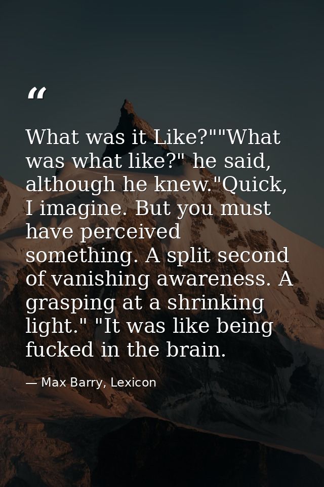 What was it Like?""What was what like?" he said, although he knew."Quick, I imagine. But you must have perceived somethi — Max Barry, Lexicon