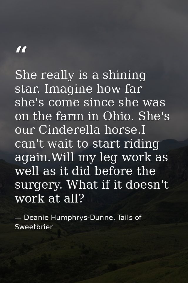 She really is a shining star. Imagine how far she's come since she was on the farm in Ohio. She's our Cinderella horse.I — Deanie Humphrys-Dunne, Tails of Sweetbrier