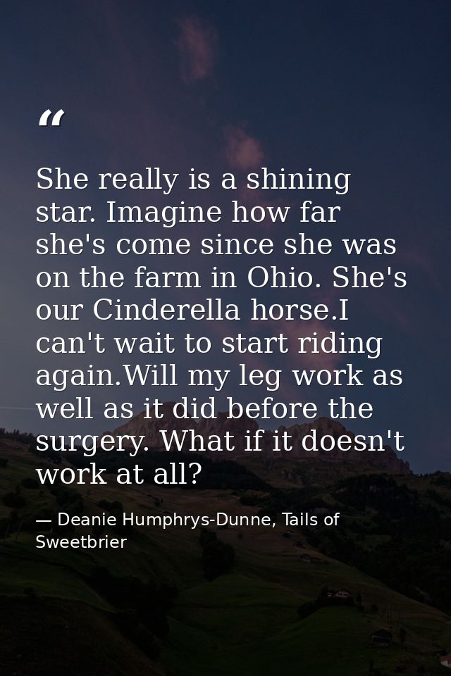 She really is a shining star. Imagine how far she's come since she was on the farm in Ohio. She's our Cinderella horse.I — Deanie Humphrys-Dunne, Tails of Sweetbrier