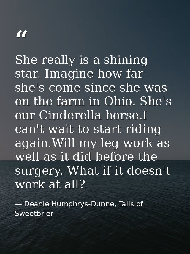 She really is a shining star. Imagine how far she's come since she was on the farm in Ohio. She's our Cinderella horse.I — Deanie Humphrys-Dunne, Tails of Sweetbrier