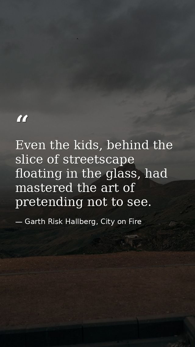 Even the kids, behind the slice of streetscape floating in the glass, had mastered the art of pretending not to see. — Garth Risk Hallberg, City on Fire