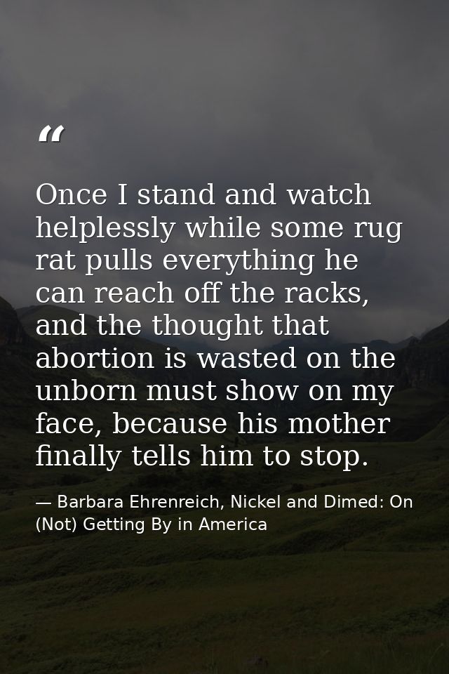 Once I stand and watch helplessly while some rug rat pulls everything he can reach off the racks, and the thought that a — Barbara Ehrenreich, Nickel and Dimed: On (Not) Getting By in America