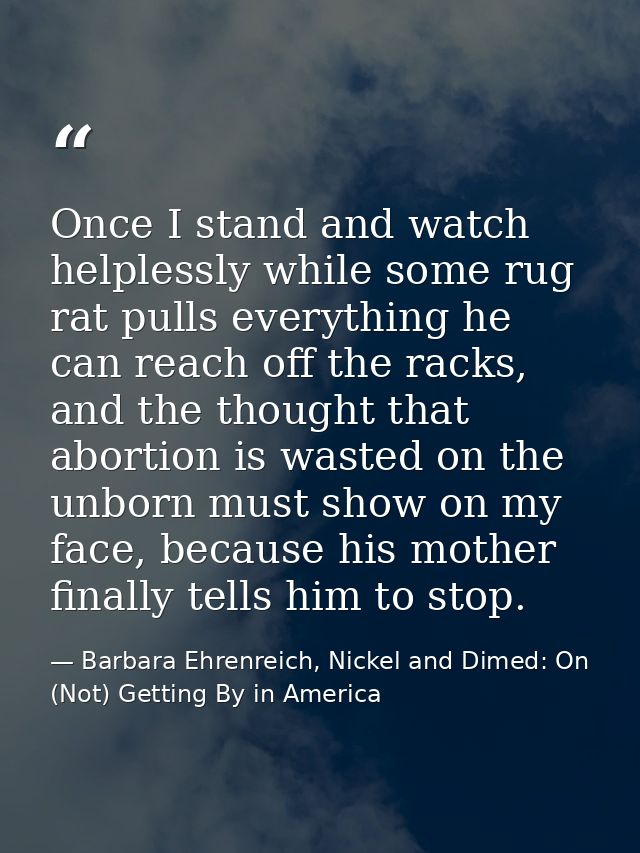 Once I stand and watch helplessly while some rug rat pulls everything he can reach off the racks, and the thought that a — Barbara Ehrenreich, Nickel and Dimed: On (Not) Getting By in America