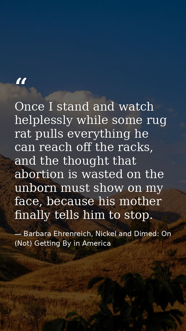 Once I stand and watch helplessly while some rug rat pulls everything he can reach off the racks, and the thought that a — Barbara Ehrenreich, Nickel and Dimed: On (Not) Getting By in America