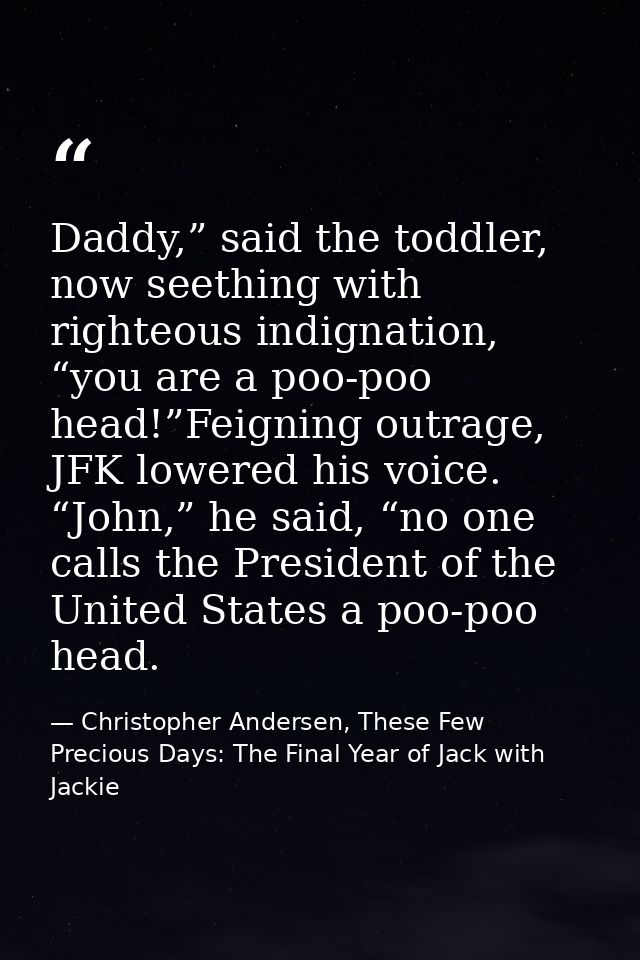 Daddy,” said the toddler, now seething with righteous indignation, “you are a poo-poo head!”Feigning outrage, JFK lowere — Christopher Andersen, These Few Precious Days: The Final Year of Jack with Jackie