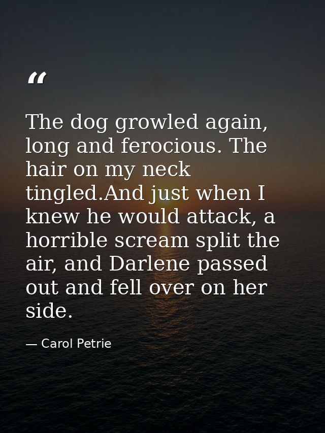 The dog growled again, long and ferocious. The hair on my neck tingled.And just when I knew he would attack, a horrible  — Carol Petrie