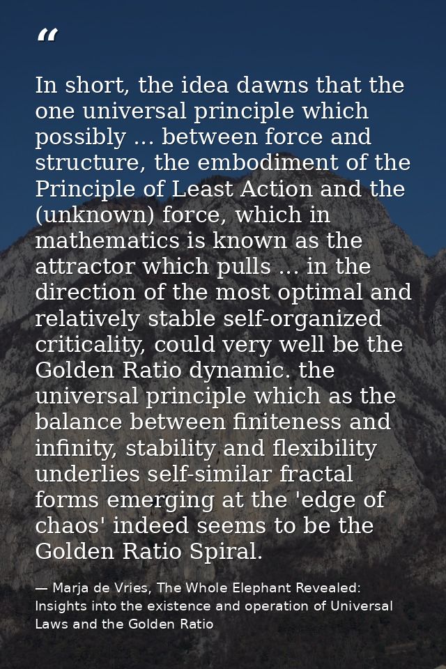 In short, the idea dawns that the one universal principle which possibly ... between force and structure, the embodiment — Marja de Vries, The Whole Elephant Revealed: Insights into the existence and operation of Universal Laws and the Golden Ratio