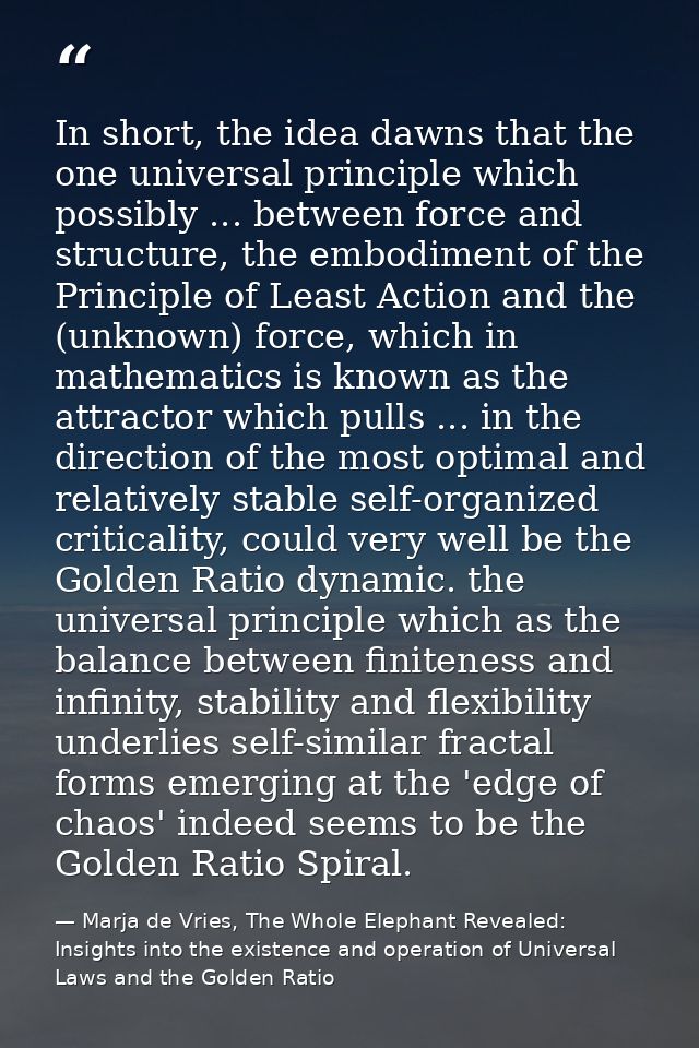 In short, the idea dawns that the one universal principle which possibly ... between force and structure, the embodiment — Marja de Vries, The Whole Elephant Revealed: Insights into the existence and operation of Universal Laws and the Golden Ratio