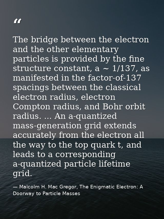 The bridge between the electron and the other elementary particles is provided by the fine structure constant, a ~ 1/137 — Malcolm H. Mac Gregor, The Enigmatic Electron: A Doorway to Particle Masses