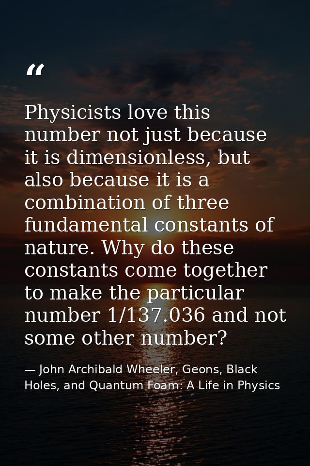 Physicists love this number not just because it is dimensionless, but also because it is a combination of three fundamen — John Archibald Wheeler, Geons, Black Holes, and Quantum Foam: A Life in Physics
