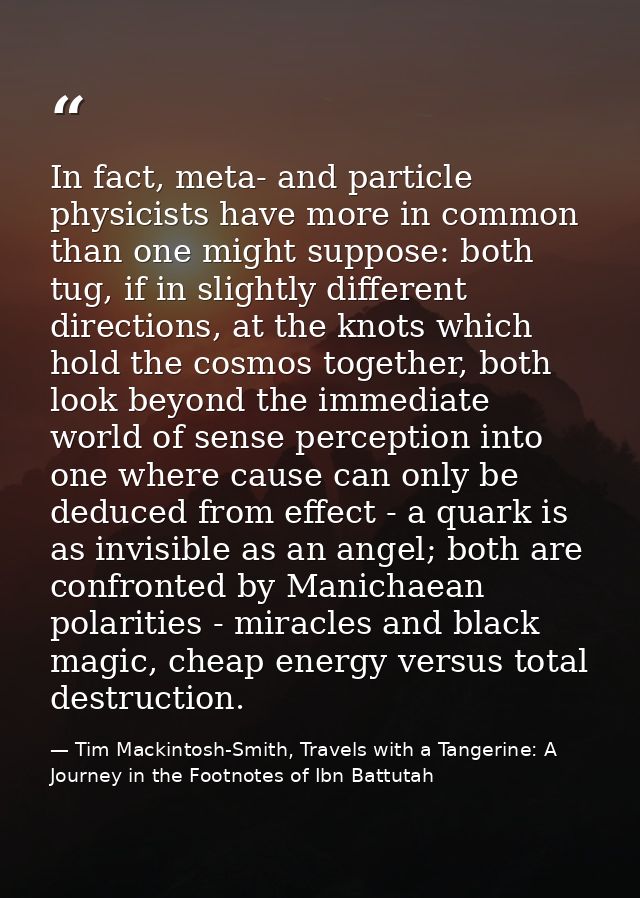 In fact, meta- and particle physicists have more in common than one might suppose: both tug, if in slightly different di — Tim Mackintosh-Smith, Travels with a Tangerine: A Journey in the Footnotes of Ibn Battutah