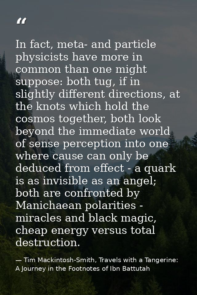 In fact, meta- and particle physicists have more in common than one might suppose: both tug, if in slightly different di — Tim Mackintosh-Smith, Travels with a Tangerine: A Journey in the Footnotes of Ibn Battutah