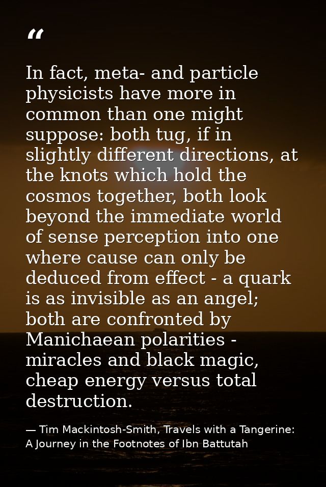 In fact, meta- and particle physicists have more in common than one might suppose: both tug, if in slightly different di — Tim Mackintosh-Smith, Travels with a Tangerine: A Journey in the Footnotes of Ibn Battutah