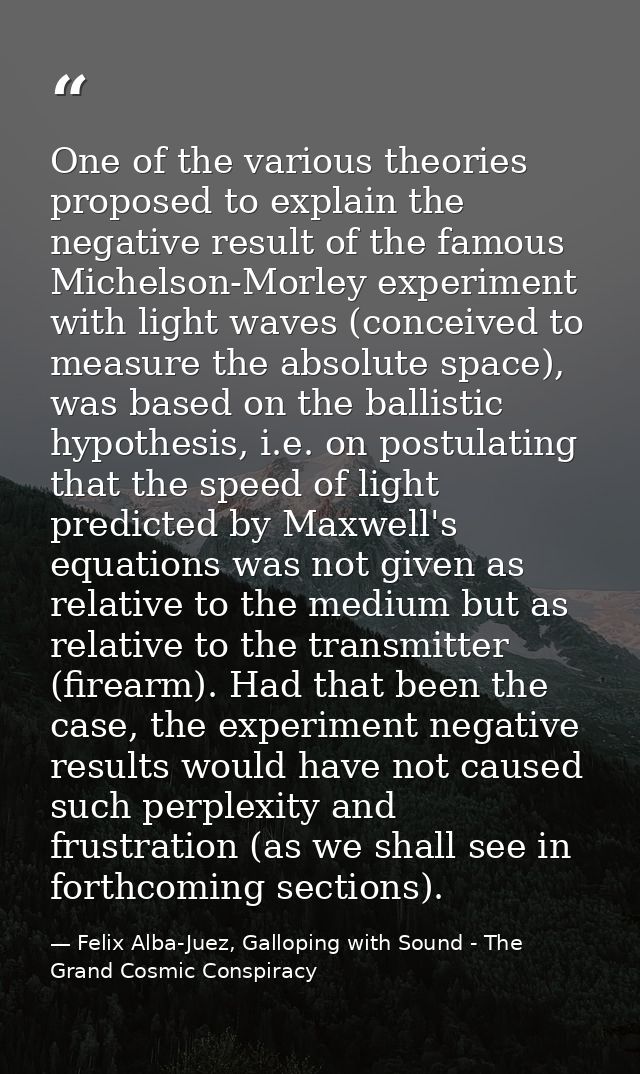 One of the various theories proposed to explain the negative result of the famous Michelson-Morley experiment with light — Felix Alba-Juez, Galloping with Sound - The Grand Cosmic Conspiracy