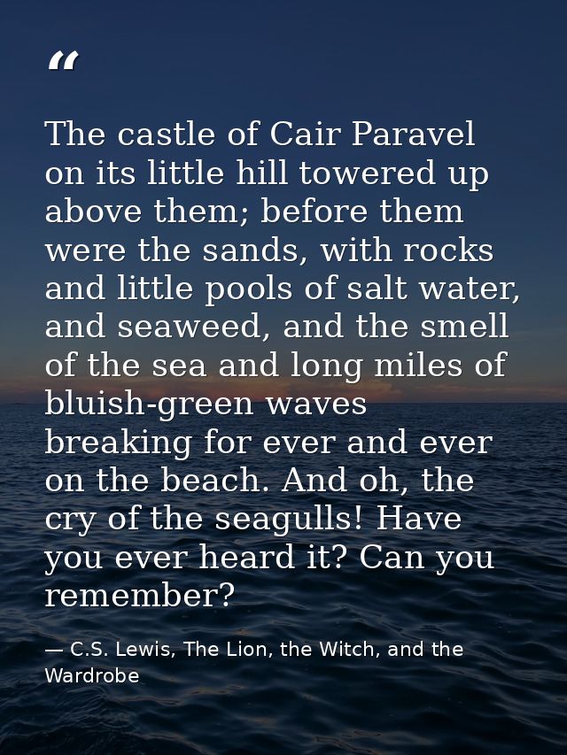The castle of Cair Paravel on its little hill towered up above them; before them were the sands, with rocks and little p — C.S. Lewis, The Lion, the Witch, and the Wardrobe
