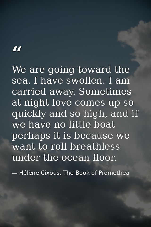 We are going toward the sea. I have swollen. I am carried away. Sometimes at night love comes up so quickly and so high, — Hélène Cixous, The Book of Promethea
