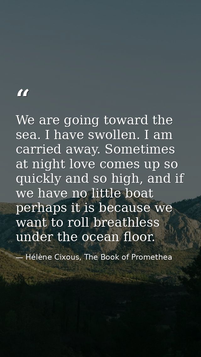 We are going toward the sea. I have swollen. I am carried away. Sometimes at night love comes up so quickly and so high, — Hélène Cixous, The Book of Promethea