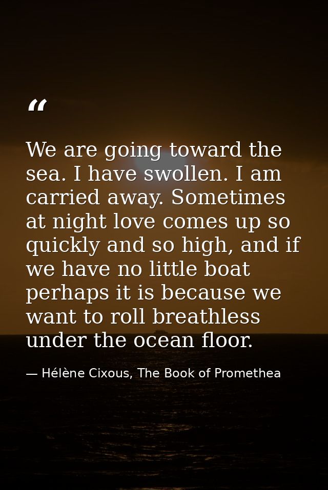 We are going toward the sea. I have swollen. I am carried away. Sometimes at night love comes up so quickly and so high, — Hélène Cixous, The Book of Promethea