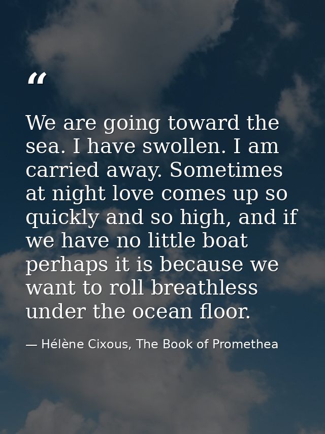 We are going toward the sea. I have swollen. I am carried away. Sometimes at night love comes up so quickly and so high, — Hélène Cixous, The Book of Promethea