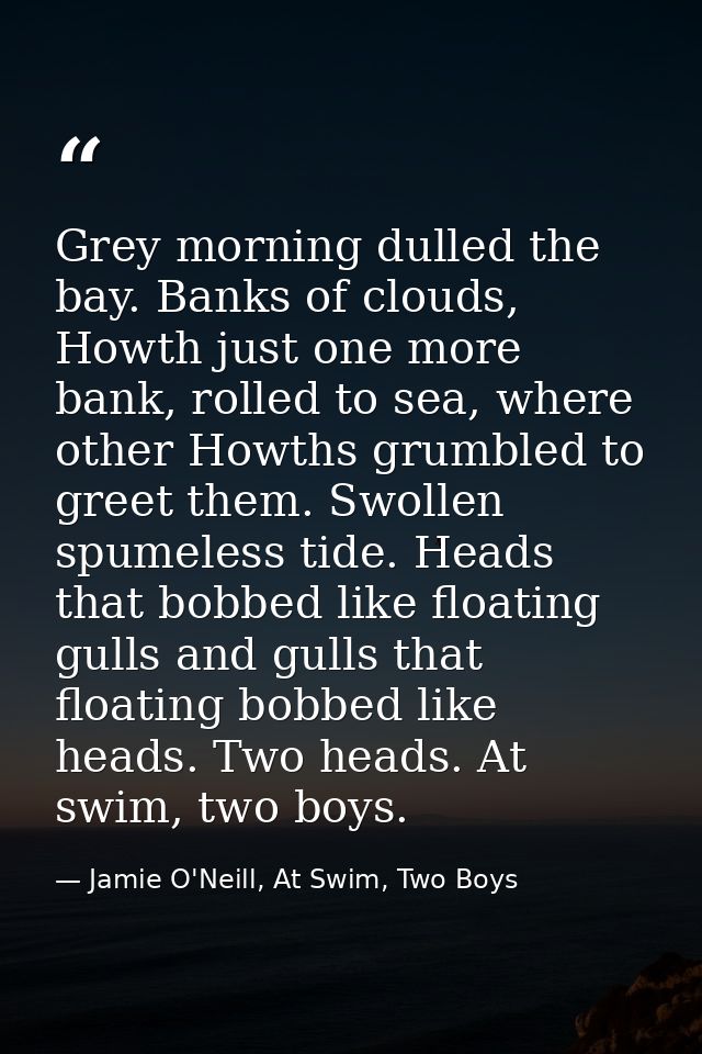 Grey morning dulled the bay. Banks of clouds, Howth just one more bank, rolled to sea, where other Howths grumbled to gr — Jamie O'Neill, At Swim, Two Boys