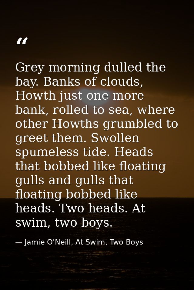 Grey morning dulled the bay. Banks of clouds, Howth just one more bank, rolled to sea, where other Howths grumbled to gr — Jamie O'Neill, At Swim, Two Boys