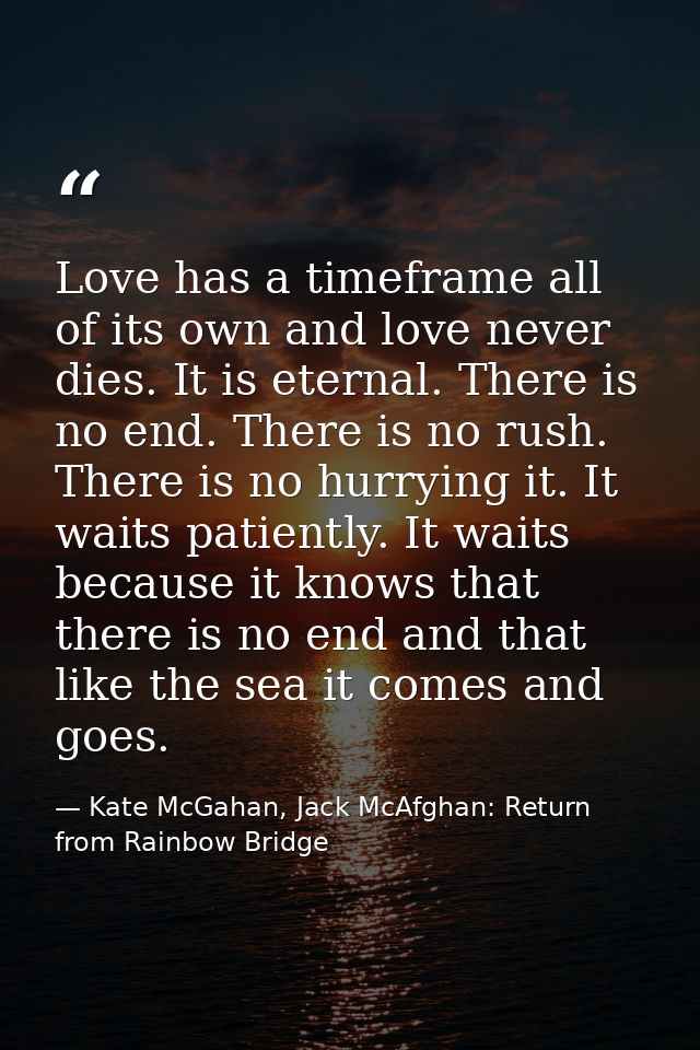 Love has a timeframe all of its own and love never dies. It is eternal. There is no end. There is no rush. There is no h — Kate McGahan, Jack McAfghan: Return from Rainbow Bridge