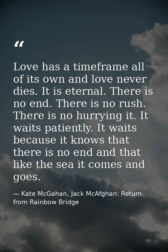 Love has a timeframe all of its own and love never dies. It is eternal. There is no end. There is no rush. There is no h — Kate McGahan, Jack McAfghan: Return from Rainbow Bridge