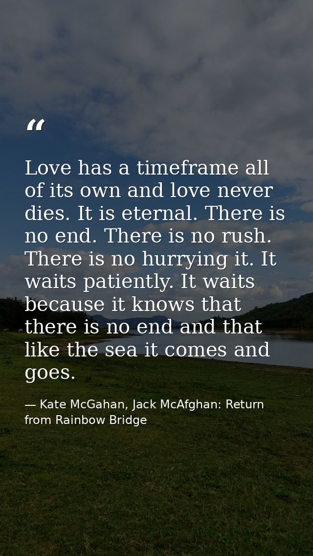 Love has a timeframe all of its own and love never dies. It is eternal. There is no end. There is no rush. There is no h — Kate McGahan, Jack McAfghan: Return from Rainbow Bridge
