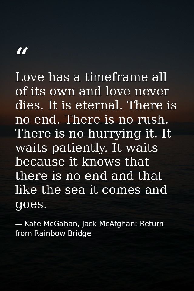 Love has a timeframe all of its own and love never dies. It is eternal. There is no end. There is no rush. There is no h — Kate McGahan, Jack McAfghan: Return from Rainbow Bridge